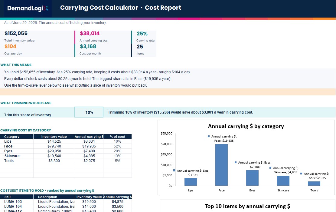Carrying Cost Calculator screenshot in Excel
